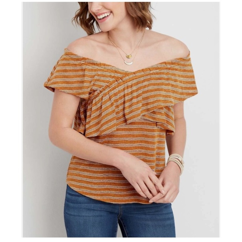 Maurices Size Medium Rust Striped Ruffle Top Boho Fall Western Cottagecore Chic